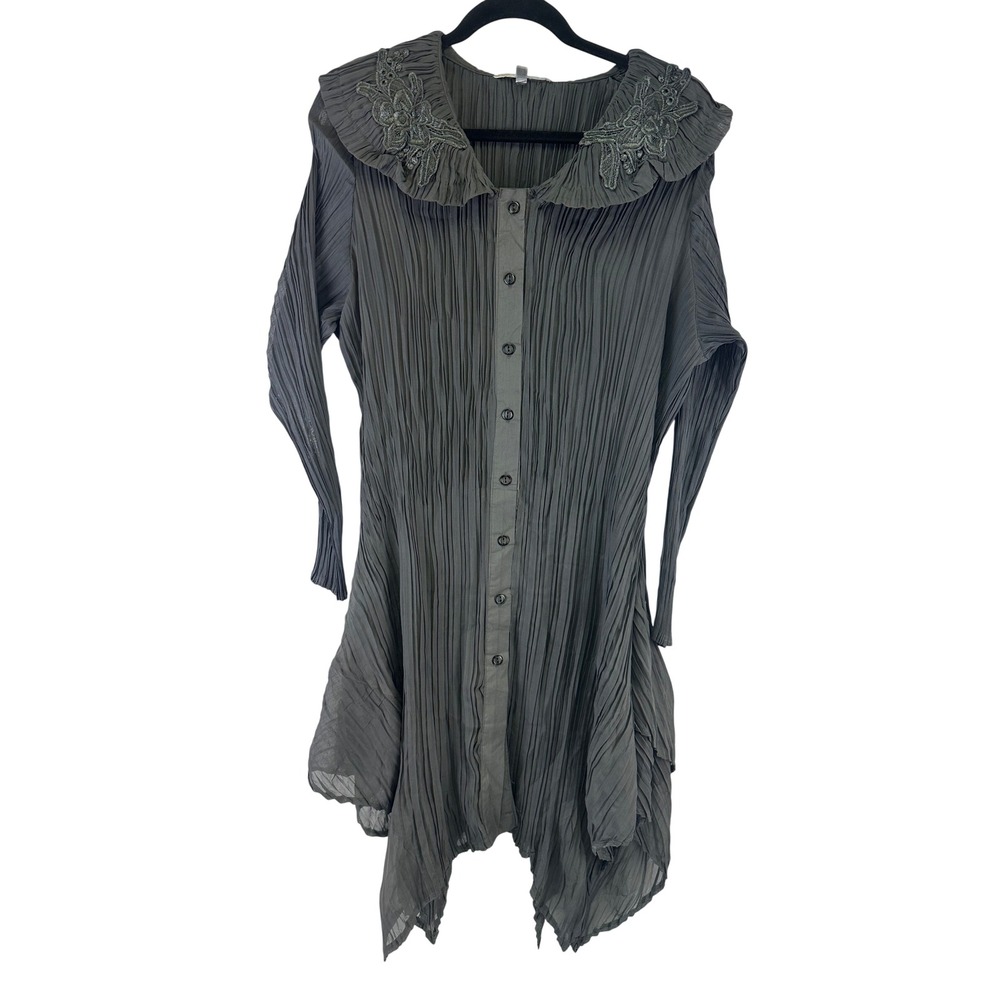 Pretty Angel Tunic Top Gray Lagenlook Silk Blend Pleated Embroidered Women Large